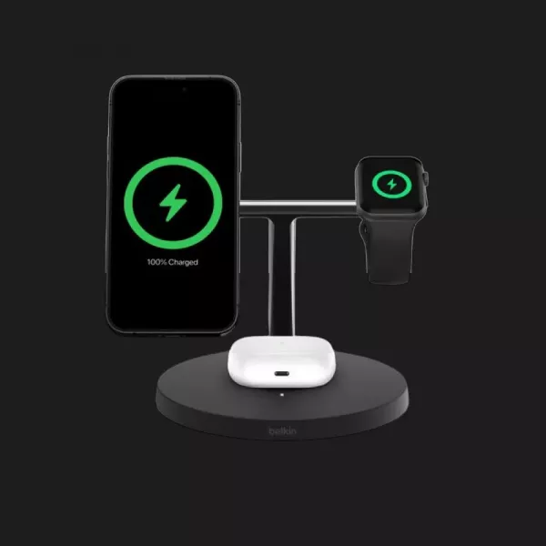 Безпровідна зарядка Belkin 3в1 Wireless Charging Stand with Qi2 15W (Black)