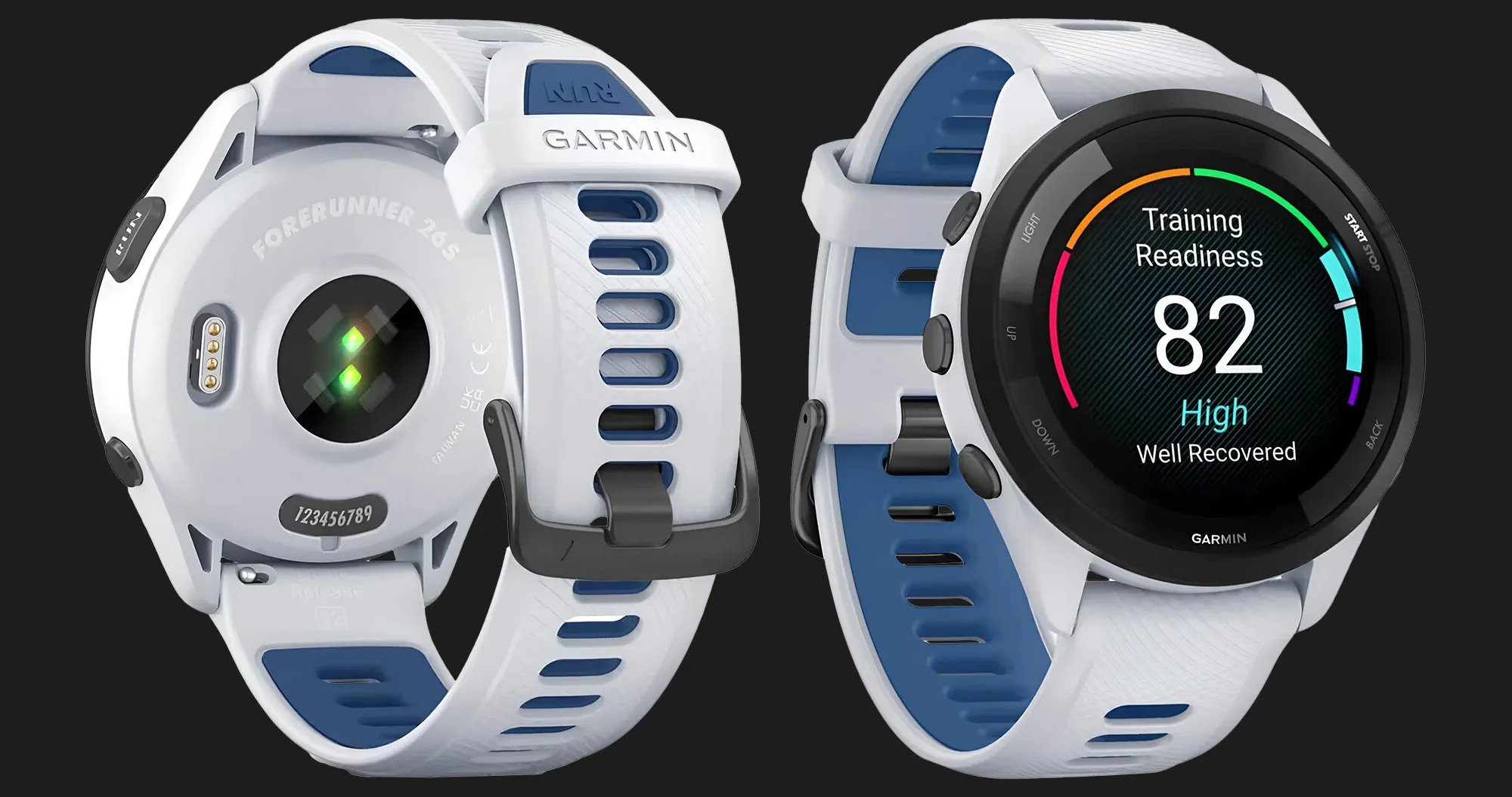 Garmin Forerunner 265 Black Bezel with Whitestone Case and Whitestone/Tidal Blue Silicone Band