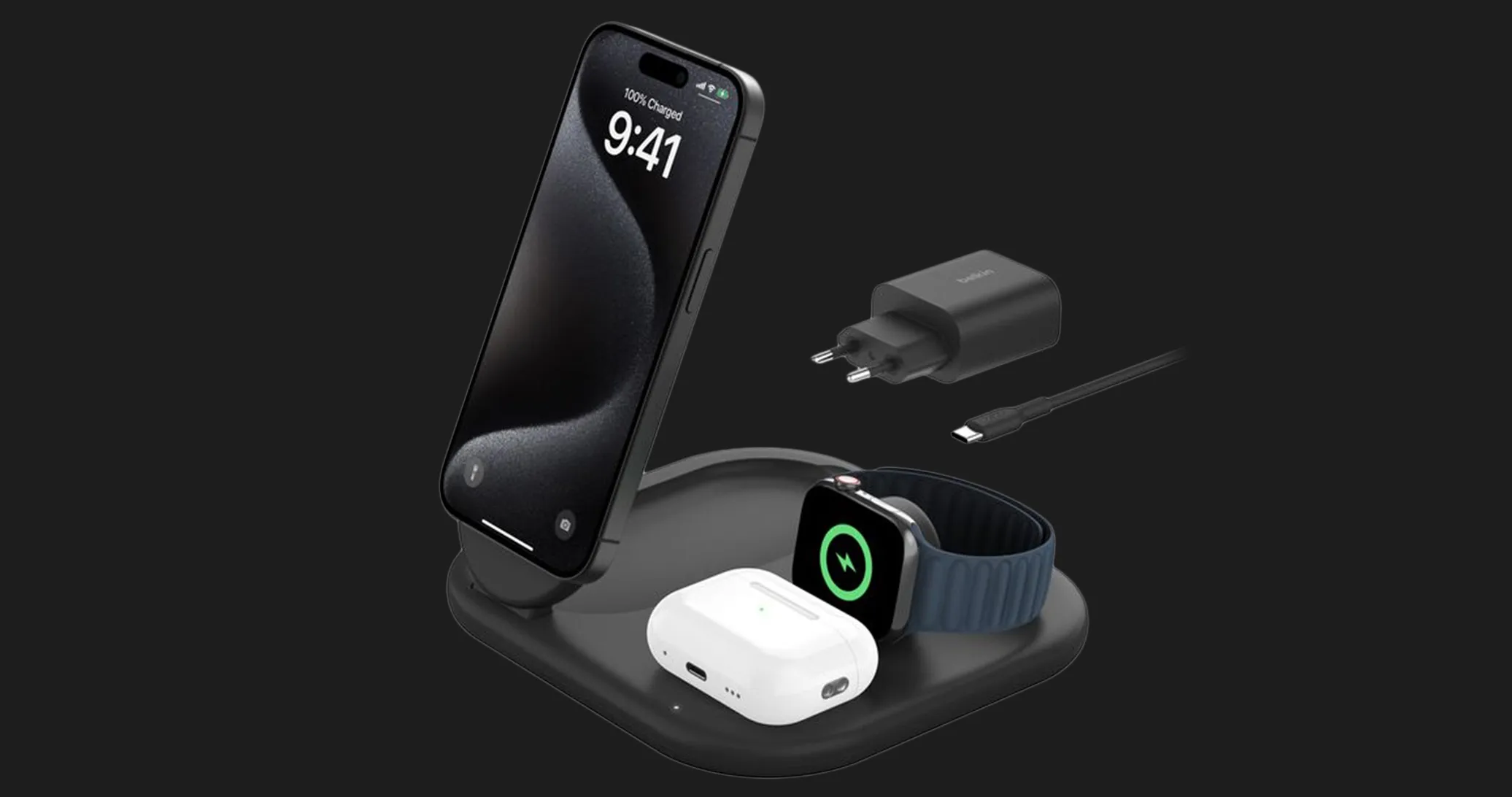 Безпровідна зарядка Belkin 3в1 Magnetic Foldable iPhone/Watch/AirPods, Qi2 15Вт (White)